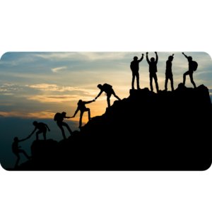 9 People helping each other up to the top of a mountain to illustrate how everyone can success when helping each other when networking