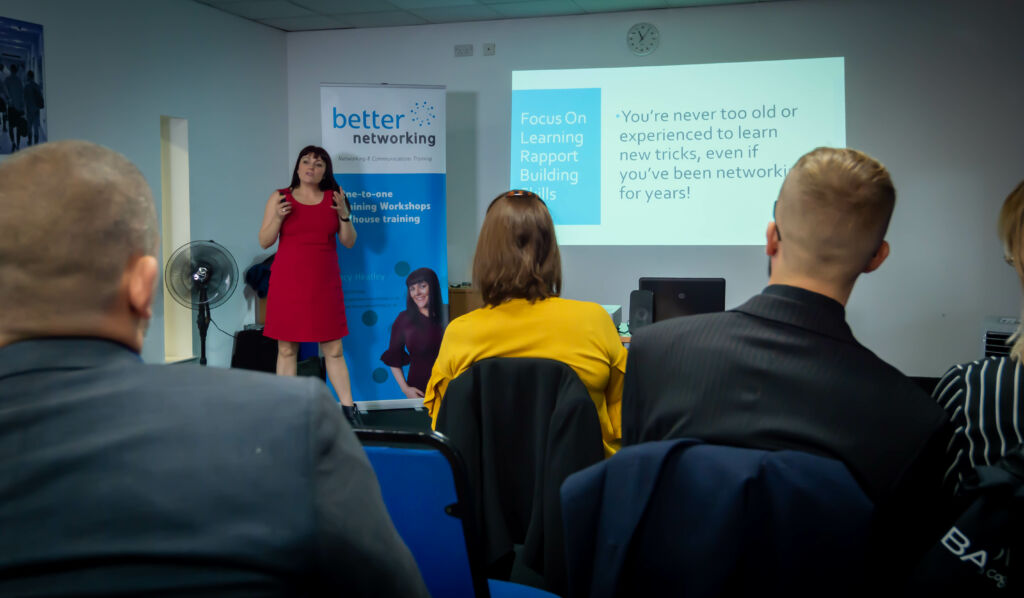Guest speaker, Tracy Heatley, at a business event presenting to an audience of business owners