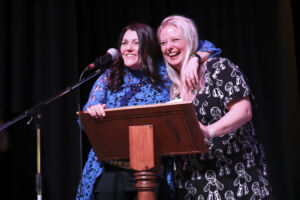 Rossendale Business Awards MC Tracy Heatley with the Valley At Work Chair Ruth Winters
