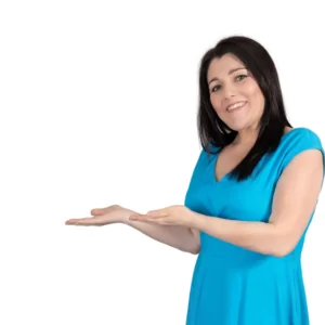 Tracy Heatley wearing a blue dress with her hands out pointing towards written content for the How to Harness the Power of Referrals and Networking for Your Business blog